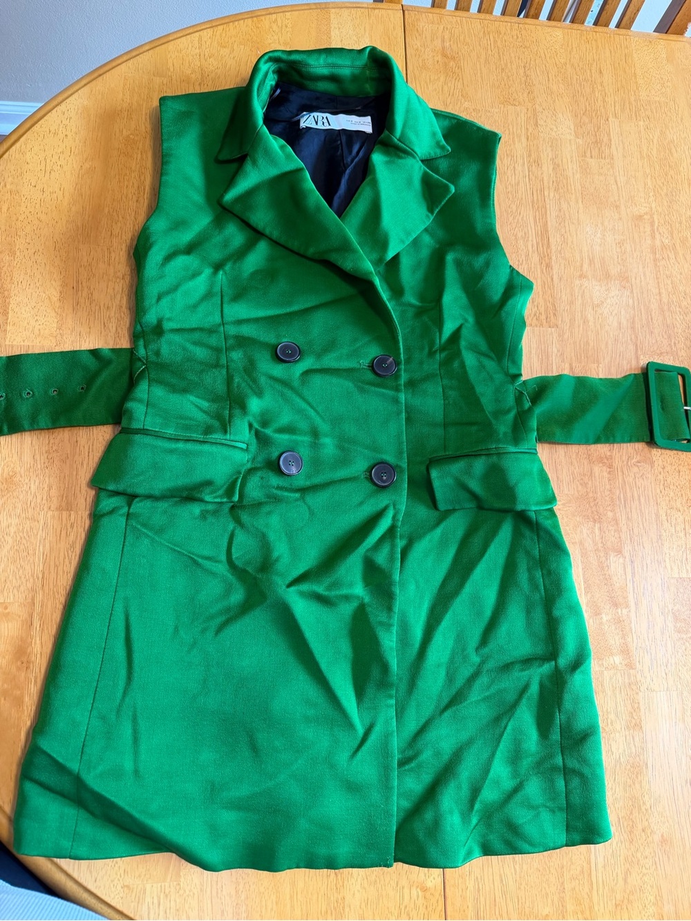Zara Emerald Green Double-Breasted Sleeveless Vest with Belt